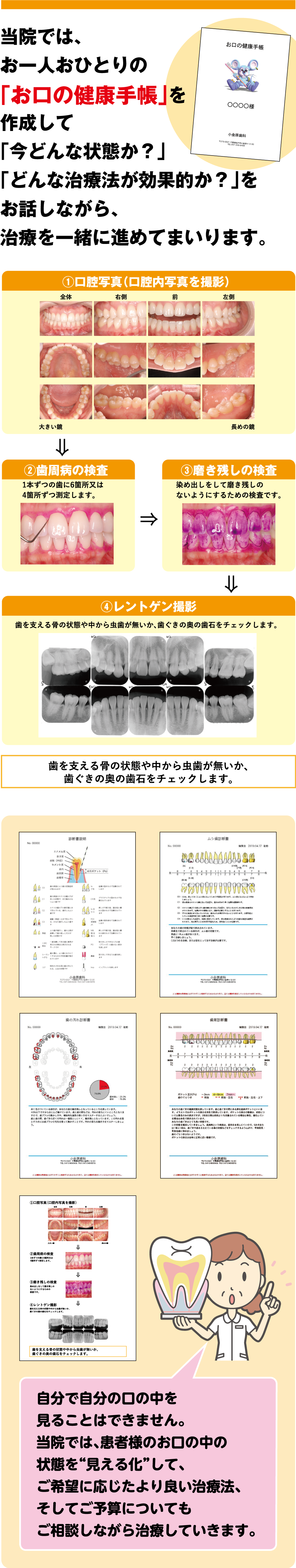 当院では、お一人おひとりの「お口の健康手帳」を作成して、治療を一緒にす進めてまいります。